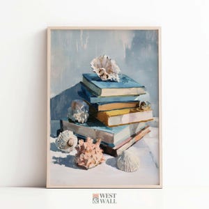 Impresión de pila de libros costeros, bodegón de conchas marinas, decoración para el hogar, sala de lectura náutica (descarga digital)