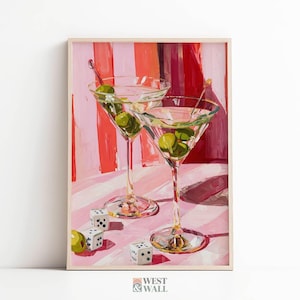 Retro Martini Cocktail Print, Green Olive, Pink and Red Wall Art Illustration (Digital Download)