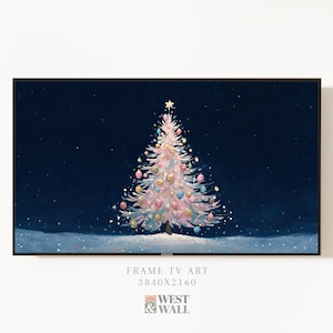 May include: A digital art print displayed on a black framed TV. The artwork depicts a pastel Christmas tree adorned with ornaments, set against a dark blue night sky with falling snow. A star tops the tree.
