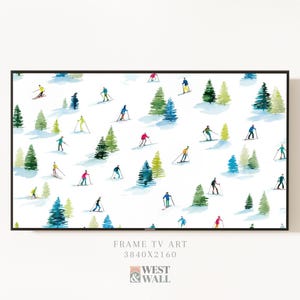 May include: A framed print featuring a watercolor pattern of skiers on a snowy slope with evergreen trees. The skiers are depicted in various colors, adding a vibrant touch to the winter scene. The artwork is set against a white background.