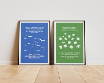 Matthew 6 Posters (Set of 2), Birds and Flowers, Do Not Worry, Christian Wall Art