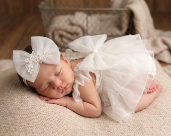 Strój do fotografii noworodkowej, biały koronkowy kombinezon z opaską na głowę do sesji zdjęciowej, prezent na baby shower dla dziewczynki, sukienki na pierwszą sesję zdjęciową