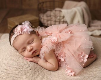 Newborn Photography Clothes Baby Girl Romper with Matching Headband,Pink Tulle Dress with Pearls Floral Accents, Photo Prop Outfit