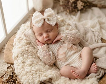 Newborn Photography Outfit Headband Set, Lace Baby Shooting Set, Maternity Shower Gift for Girl Bebe, First Photo Session Prop Romper
