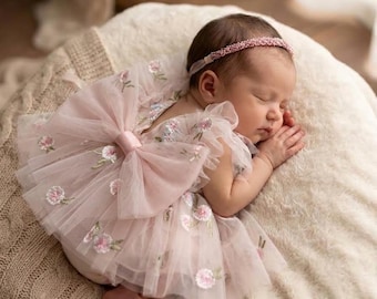 May include: A pale pink tulle dress featuring delicate floral embroidery and a large satin bow at the back. The garment is paired with a matching thin, beaded headband. The dress has ruffled sleeves and a layered skirt with scattered flower motifs.