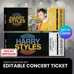 May include: Two concert tickets with the text "HARRY STYLES TOGETHER" in a colourful font. One ticket features a photo of Harry Styles. The tickets are labelled "ADMIT ONE" and include "EDIT ON Canva" and "INSTANT DOWNLOAD" text.
