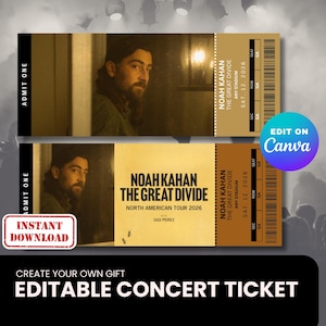 Op de afbeelding: Twee concertkaartjes met een bruin en zwart ontwerp. De kaartjes tonen een portret van een man en de tekst "Noah Kahan The Great Divide North American Tour 2026". De kaartjes hebben ook de tekst "Direct downloaden" en "Bewerken op Canva".