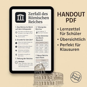 Op de afbeelding: Een digitale tablet toont een Duitse handout over de val van het Romeinse Rijk. De tekst bevat "HANDOUT PDF" en "Lernzettel für Schüler". Een afbeelding van het Colosseum is zichtbaar.