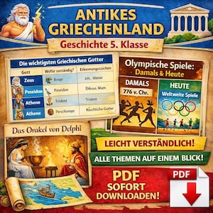 Könnte beinhalten: Lehrplakat über das antike Griechenland mit Illustrationen von Zeus, Poseidon und Athene. Enthält Text über griechische Götter, das Orakel von Delphi und die Olympischen Spiele. Das Plakat hat ein blaues und braunes Farbschema mit dem Text "PDF SOFORT DOWNLOADEN!"