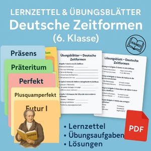Puede incluir: Material educativo para la gramática alemana, que incluye hojas de trabajo y soluciones. La imagen presenta tarjetas didácticas coloridas para los tiempos verbales como Präsens, Präteritum y Perfekt, junto con un retrato de un hombre leyendo un libro. El texto incluye "Deutsche Zeitformen" y "PDF".