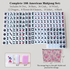 May include: A complete 166-piece American Mahjong set with white tiles featuring black and red symbols, including dots, bams, craks, winds, dragons, flowers, seasons, jokers, and blanks. Includes a pink paisley storage bag measuring 13 by 7.8 inches.