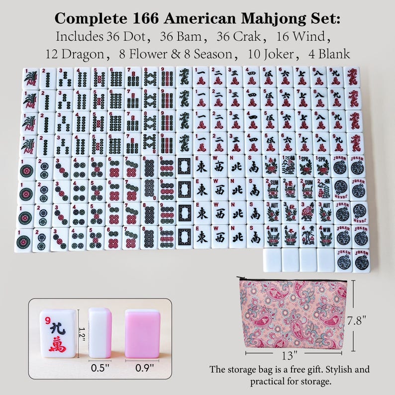 May include: A complete 166-piece American Mahjong set with white tiles featuring black and red symbols, including dots, bams, craks, winds, dragons, flowers, seasons, jokers, and blanks. Includes a pink paisley storage bag measuring 13 by 7.8 inches.
