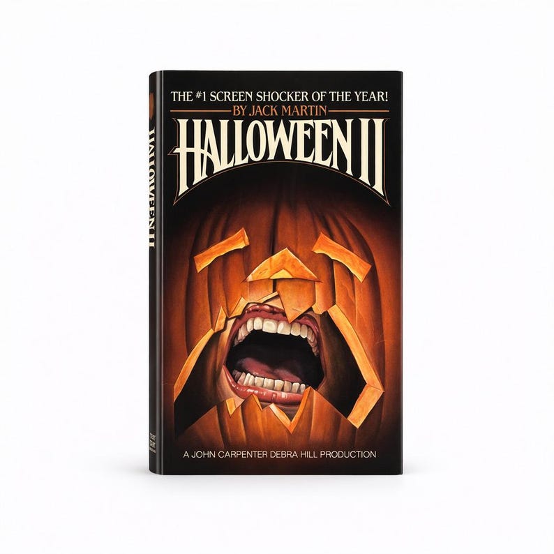 May include: The cover of the film "Halloween II" shows a carved pumpkin with a screaming mouth. The title is in a bold, stylized font. The text reads "THE #1 SCREEN SHOCKER OF THE YEAR!" and "BY JACK MARTIN". A John Carpenter Debra Hill Production is also listed.
