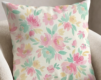 Funda de almohada floral, diseño de flores en acuarela, decoración estilo cottagecore, funda de cojín de primavera, regalo para ella, decoración acogedora para el dormitorio.
