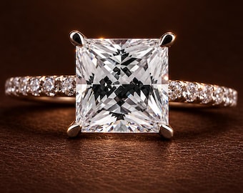 2.50 CT Princess Cut Lab Grown Diamond Engagement Ring, 14K Solid Gold Pave Diamond Band, Prong Solitaire, Gift for Wife, Bridal jewelry