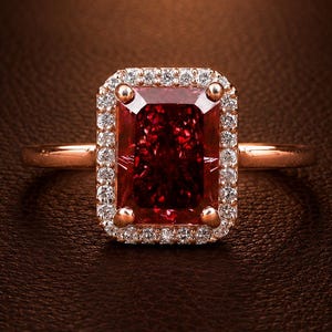 May include: A ring featuring a large, rectangular, deep red center stone surrounded by a halo of small, clear, round-cut stones. The setting and the band are crafted from a polished rose-colored metal, creating a cohesive and elegant appearance.