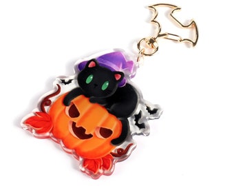 Portachiavi in acrilico trasparente con gatto nero strega di Halloween / ciondolo a doppia faccia da 3 pollici / regalo per amante degli animali gattino Kawaii / portachiavi animale carino