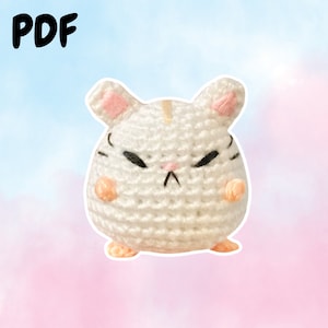May include: A white crocheted hamster with pink ears and a grumpy expression. The hamster has black eyes and a small black nose.