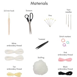 May include: Materials for a craft project, including yarn needles, embroidery floss in white, tan, pink, and black, a crochet hook, scissors, pins, a tweezer, stitch markers, and stuffing.