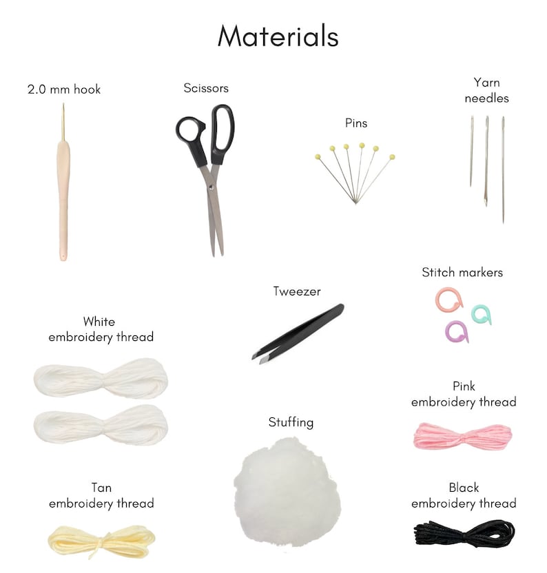 May include: Materials for a craft project, including yarn needles, embroidery floss in white, tan, pink, and black, a crochet hook, scissors, pins, a tweezer, stitch markers, and stuffing.