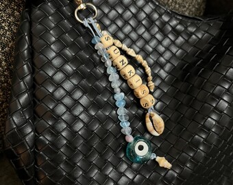 Handmade Sunkiss Bag Charm, Seashell Evil Eye Keychain, Coastal Summer Accessory