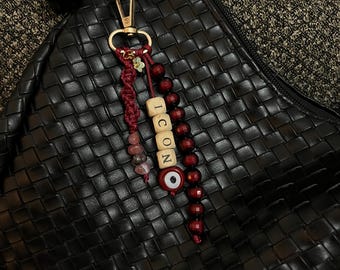 ICON Bag Charm, Burgundy Evil Eye Beaded Keychain, Boho Purse Accessory