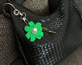 Handmade Green Clover Measuring Tape Bag Charm, Lucky Keychain Accessory