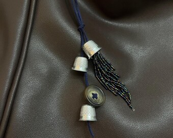 Handmade Navy Blue Beaded Tassel Bag Charm, Boho Suede Accessory
