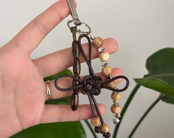 Handmade Macrame Keychain, Natural Wooden Beads, Boho Bag Charm, Rustic Keyring Accessory