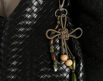 Handmade Boho Bag Charm | Wooden Beads, Lucky Knot Keychain