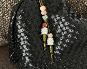 Handmade Beaded Thimble Bag Charm, Vintage Cottagecore Keychain Accessory