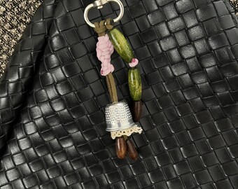 Handmade Woodland Bag Charm, Rustic Beaded Keychain, Boho Purse Accessory