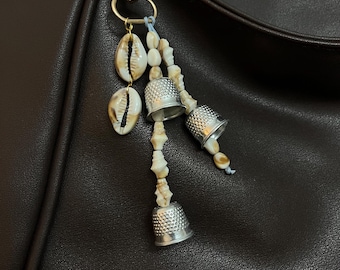 Seashell Thimble Bag Charm, Coastal Boho Keychain, Handmade Beach Accessory