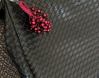 Red Beaded Grape Charm, Handmade Berry Cluster Keychain, Crochet Strap Bag Accessory