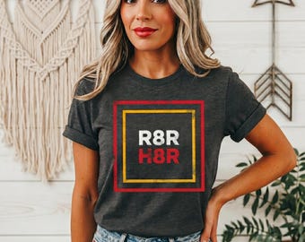 R8R H8R RAIDER HATER Kansas City Football T-Shirt | Fun Chiefs Fan Shirt Red Kingdom | Unisex Adult Crewneck Bella + Canvas 3001