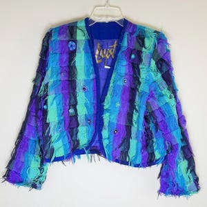Crystal Handwovens Shaggy Fringe Patchwork Jacket Purple Teal Blue Boho Medium
