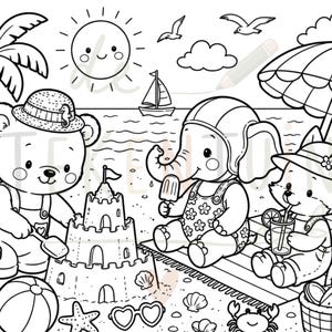 Summer Beach Coloring Page For Kids | Printable Coloring Sheet | Cute Animal Coloring Page | Summer Activity For Children
