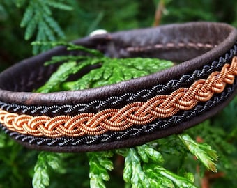 Black copper viking leather bracelet, MJOLNIR Sami craft cuff