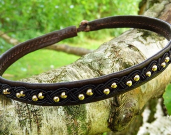 BIFROST leather Sami necklace choker collar with 14k gold beads in black copper