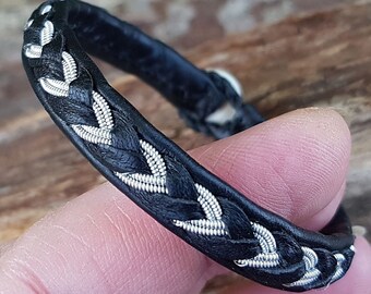 ODIN Lapland Sami reindeer bracelet, size XS, Black leather, pewter braid, Antler closure, READY To Ship