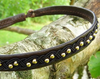 Sami jewels necklace BIFROST | Lapland leather choker | 14k gold beaded | Black copper braided | Antler closure