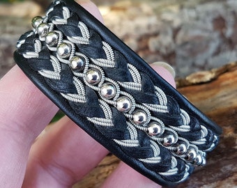 Sami bracelet BESTLA viking style cuff, size S, Black reindeer leather, Pewter braids, Sterling silver beads, Antler closure, READY to SHIP