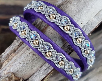 BIFROST Sami double wrap armband, Size M, Purple reindeer leather, Pewter braid with 14k gold and crystal, READY to SHIP