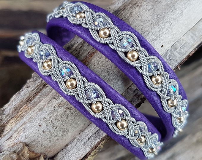 Featured listing image: BIFROST Sami double wrap armband, Size M, Purple reindeer leather, Pewter braid with 14k gold and crystal, READY to SHIP