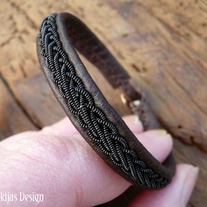 THOR Sami bracelet, Size S, Antique brown reindeer leather, Black copper braid, Antler closure, READY to SHIP image 1