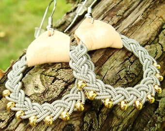 Lapland earrings RIMFAXE | Sami jewels earrings | 14k gold beaded pewter and leather hoops | Indigenous made