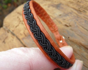 LIDSKJALV Sami bracelet, Size S, Cognac brown reindeer leather, Black copper braid, Antler closure, READY to SHIP