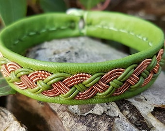 Sami copper bracelet | Reindeer leather cuff | Antler closure | VANAGANDR | Authentic indigenous Nordic Folklore viking style cuff