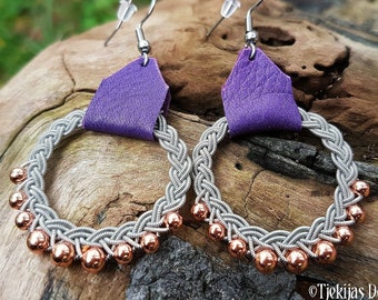 Sami viking style Earrings with copper beads RIMFAXE pewter and purple reindeer leather dangle hoops READY to SHIP