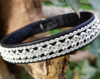 Sami bracelet ROSKVA | Swedish Lapland reindeer leather and sterling silver cuff with antler closure | Arctic tribal nature folk jewelry